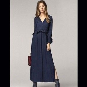 Massimo Dutti Maxi Dress Long Sleeve Blue Ruffles V Neck Side Slit Pull Over S